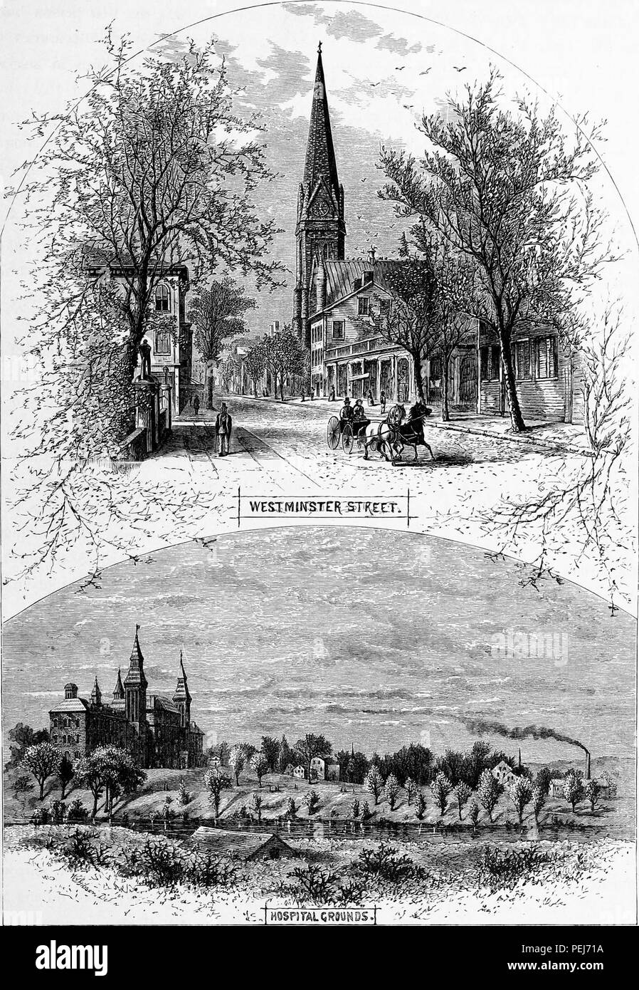 Schwarz und Weiß Vintage Print mit zwei Szenen der Stadt Providence, Rhode Island, USA, mit dem historischen Geschäftsviertel von Westminster Straße im oberen Register und das Gelände im unteren Register, in einer bearbeiteten Band William Cullen Bryant "Malerischen Amerika; oder, in das Land, in der wir Leben", 1872 veröffentlicht. Mit freundlicher Genehmigung Internet Archive. () Stockfoto