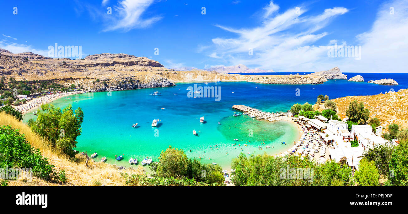 Lindos Bay, Panoramaaussicht, Insel Rhodos, Griechenland. Stockfoto