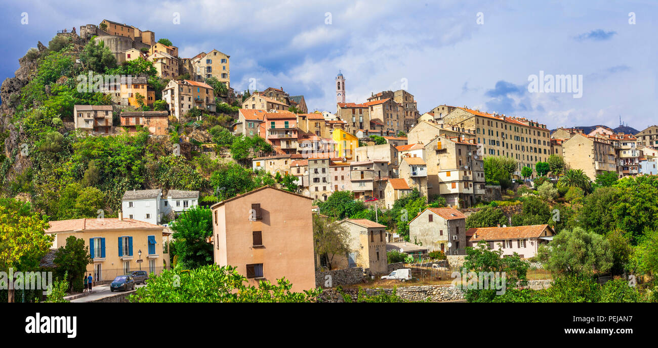 Beeindruckende Corte Dorf, Panoramaaussicht, Korsika, Frankreich. Stockfoto