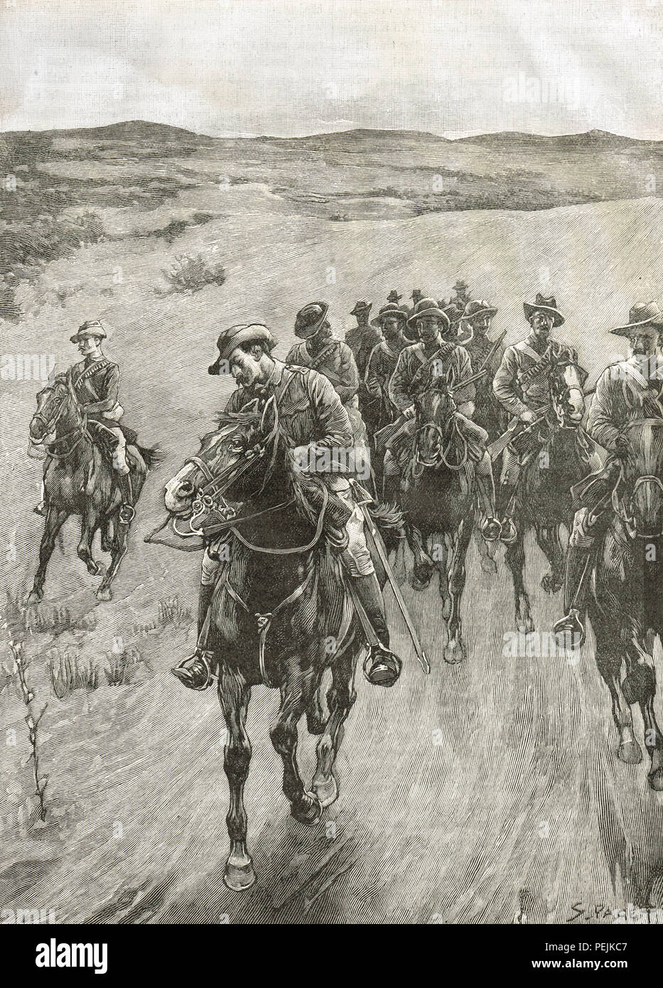 Die shangani Patrouille, auch als Wilson's Patrol bezeichnet, in Verfolgung des Königs die Matabele Lobengula, 1893, bei der ersten Matabele Krieg Stockfoto