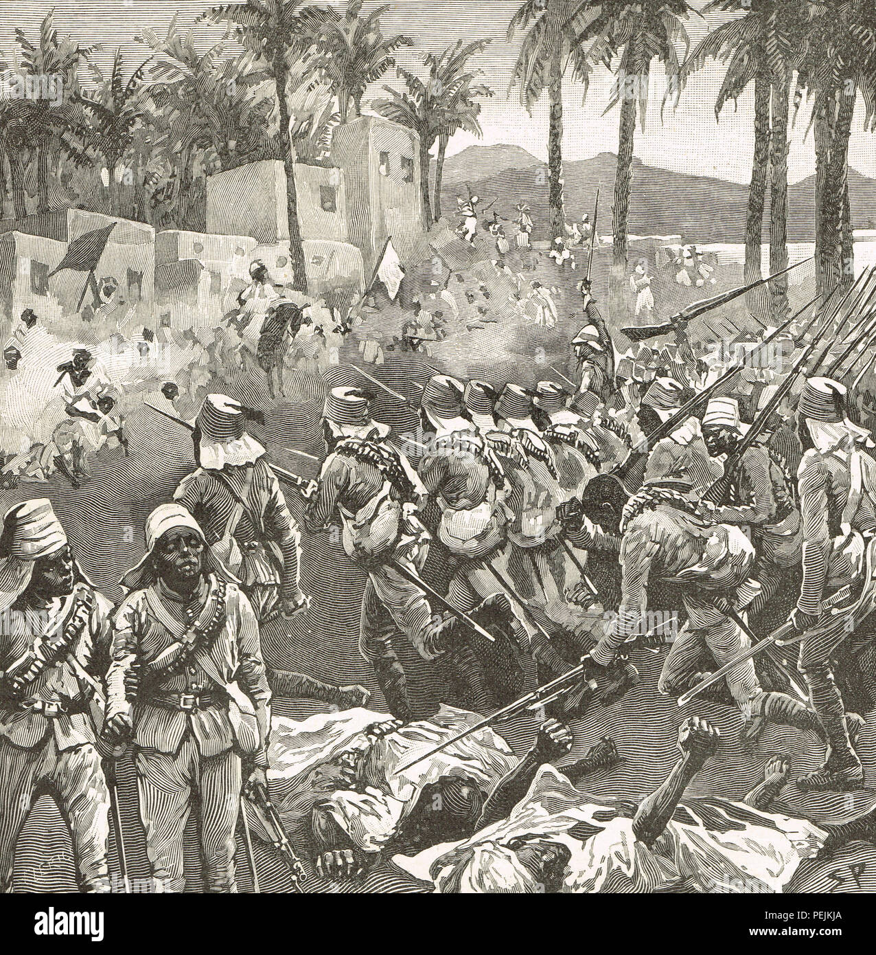 Anglo-ägyptische Truppen stürmen (oder Firket Ferkeh), die Schlacht von Ferkeh (oder Firket), während der mahdist Krieg. Ein mahdist sudanesischen Armee ausgelöscht ist, die die Truppen unter Sir Herbert Kitchener am 7. Juni 1896 Stockfoto