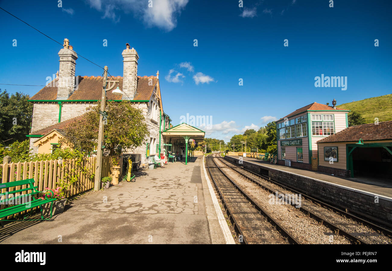 Corfe Castle Bahnhof, Swanage Railway, Dorset, Großbritannien Stockfoto