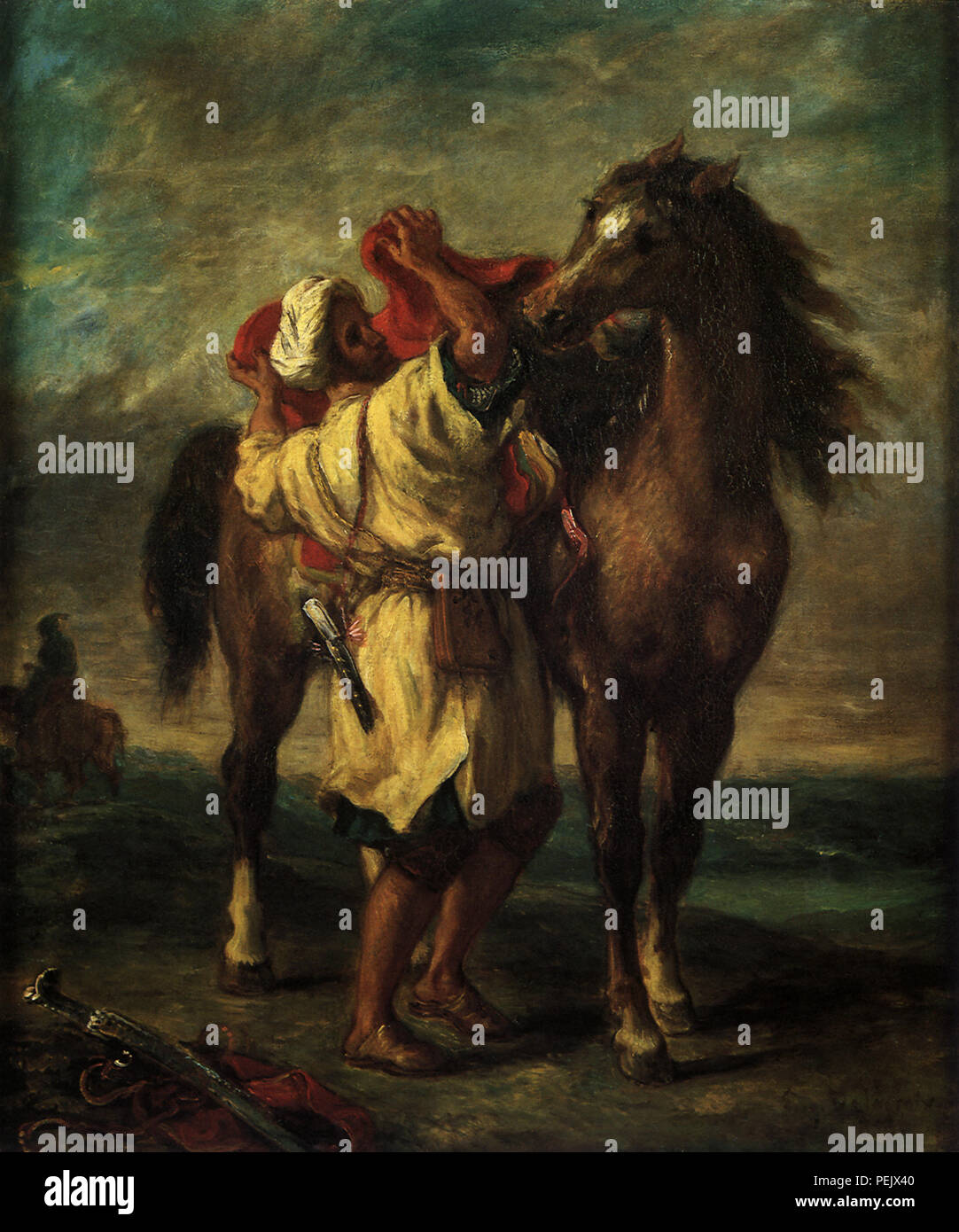 Arabische sein Pferd satteln, Delacroix, Eugene Stockfoto