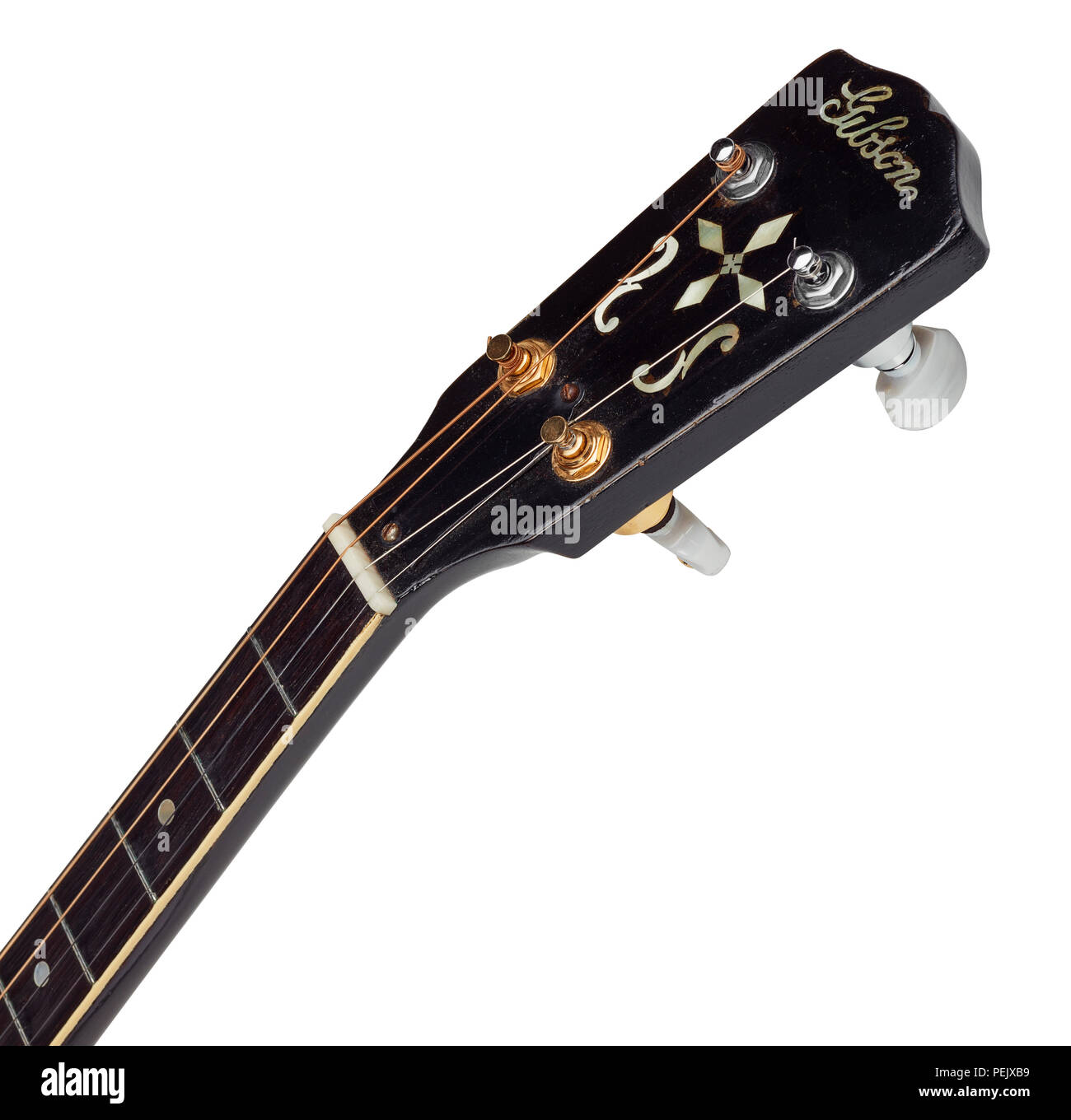Die kopfplatte einer 30er Gibson TG tenor Gitarre, Banjo Typ Tuner, sowohl als Ersatz für die originale der unteren sind vergoldet Stockfoto