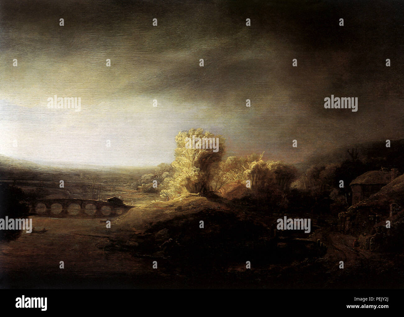 Lange bogenförmige Brücke, Rembrandt, Harmensz van Rijn Stockfoto