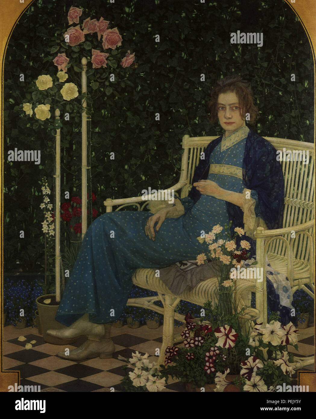 Portrait in Blumen, Oskar Zwintscher, Stockfoto