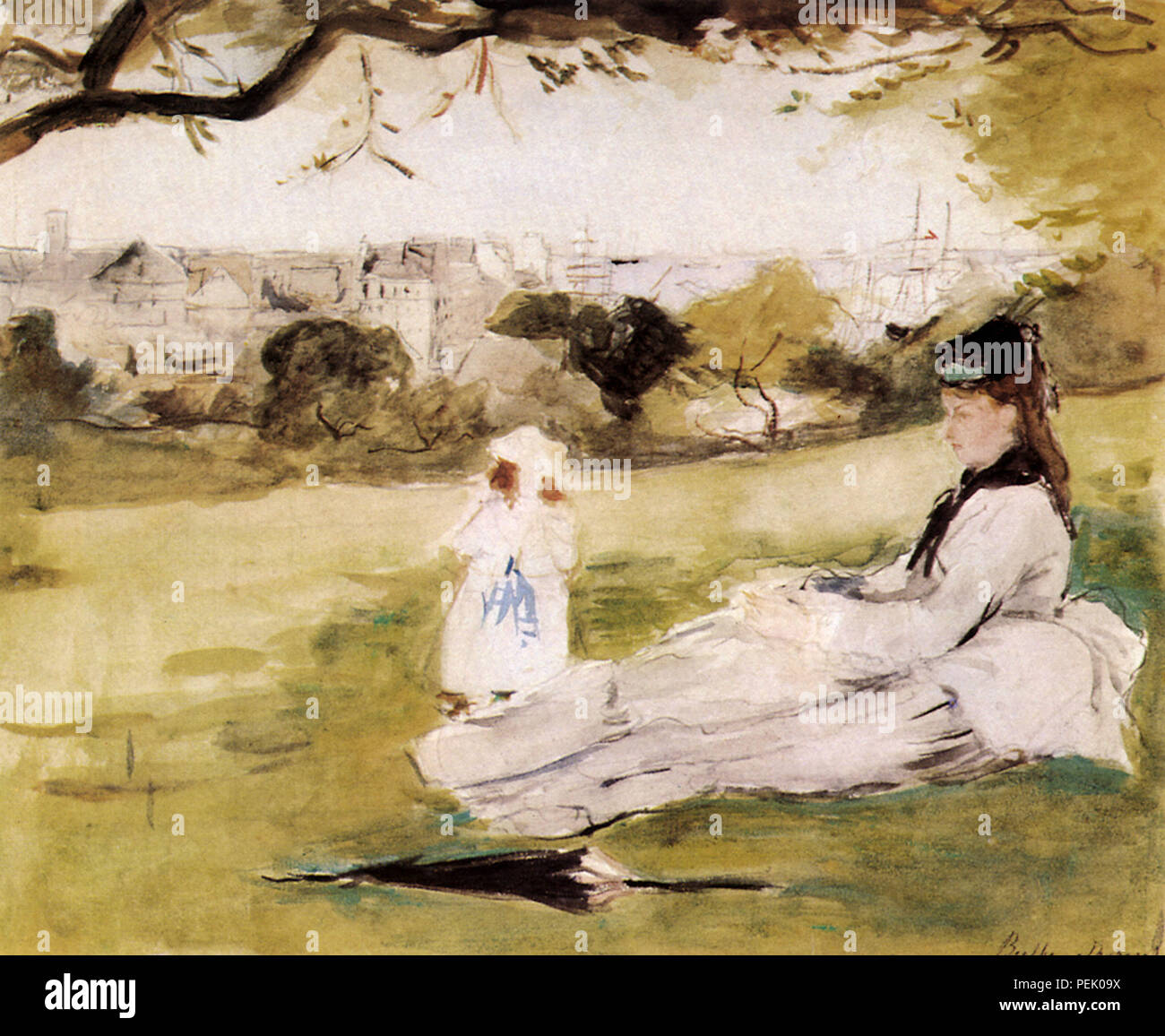 Frau und Kind sitzt in einem Feld, Morisot, Berthe Stockfoto