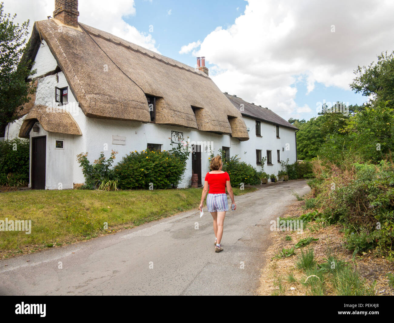 Frau Walker zu Fuß vorbei an reetgedeckten überdachten englischen Landhäusern in der Buckinghamshire Dorf Westlington England UK Stockfoto