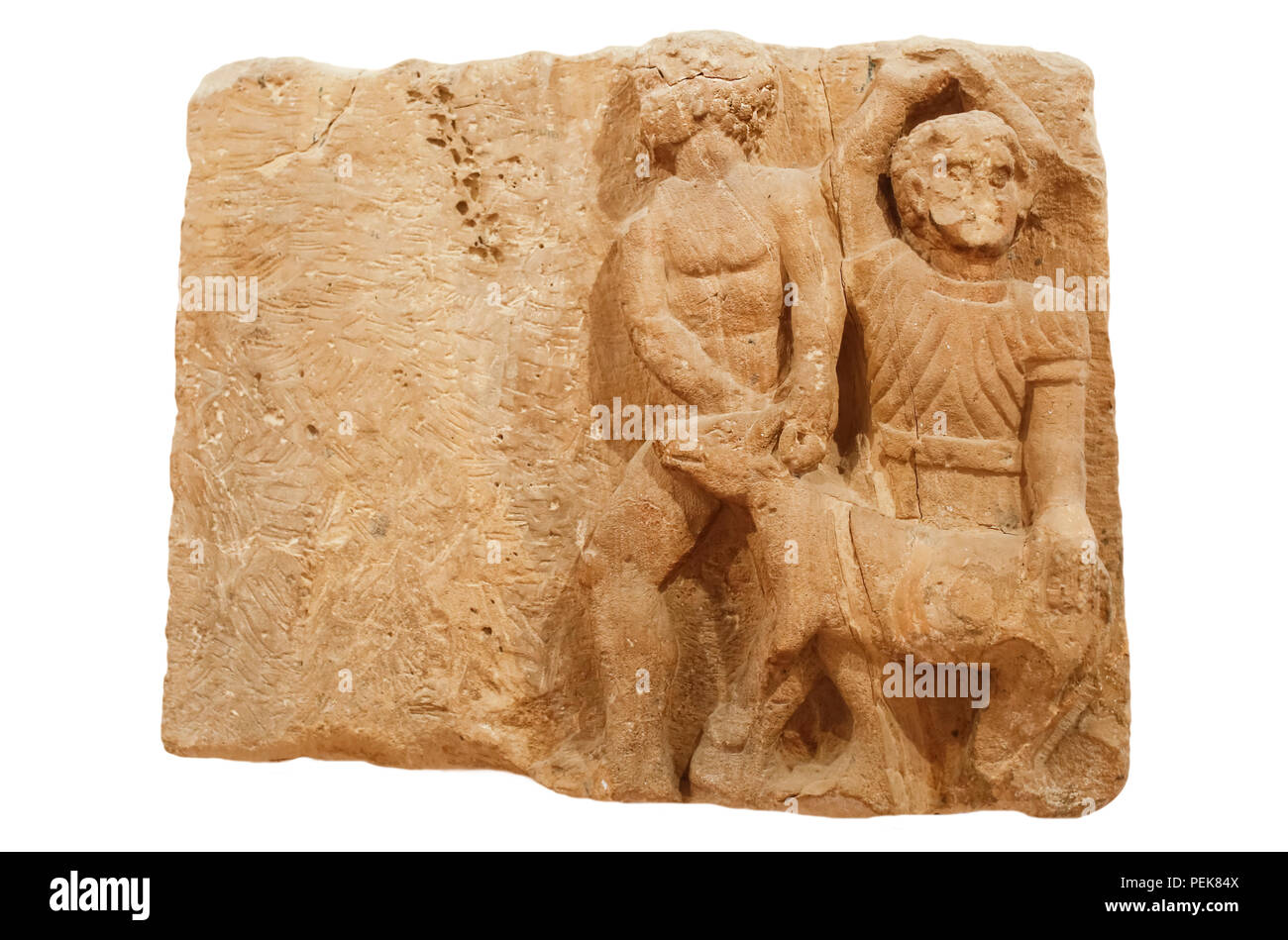 Sevilla, Spanien - Juli 7., 2018: iberische römische bas-relief mit Opfer Szene an archäologische Museum von Sevilla, Andalusien, Spanien Stockfoto