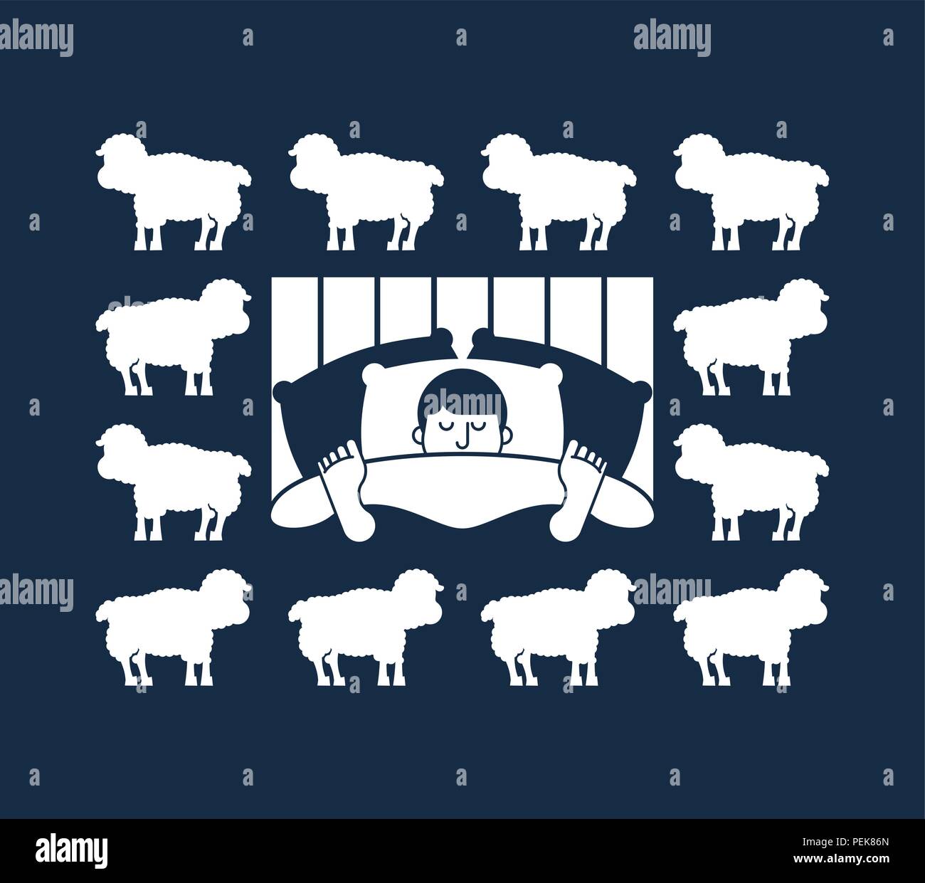 Schlafende Mensch und Schaf. Mann im Bett eingeschlafen. sleeper männlich. Vector Illustration Stock Vektor