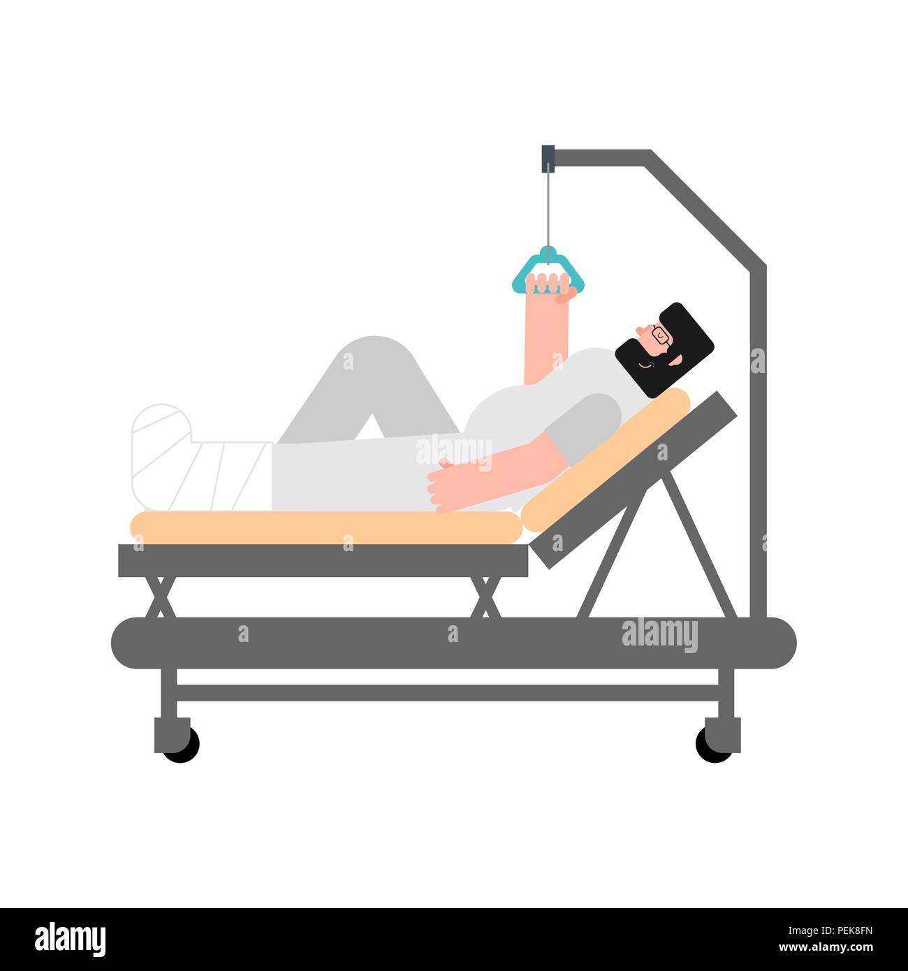 Patienten im Krankenhausbett isoliert. Mann zerbrach seinen Beinen krank. Gips am Bein. Vector Illustration Stock Vektor