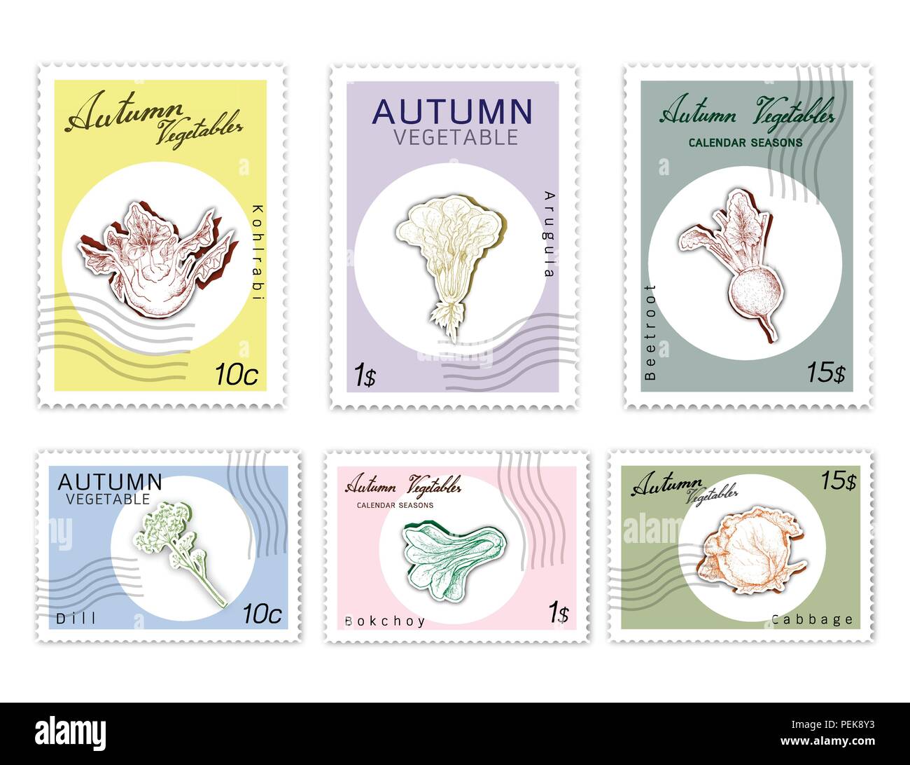 Herbst Gemüse, Post Briefmarken Satz von Hand gezeichnete Skizze Kohlrabi, Rucola oder Rakete, Salat, Rote Beete, Bok Choy oder Pak Choi, Kohl und Dill in trendigen Stock Vektor Herbst Gemüse, Post Briefmarken Satz von Hand gezeichnete Skizze Kohlrabi, Rucola oder Rakete, Salat, Rote Beete, Bok Choy oder Pak Choi, Kohl und Dill in trendigen Stock Vektor
