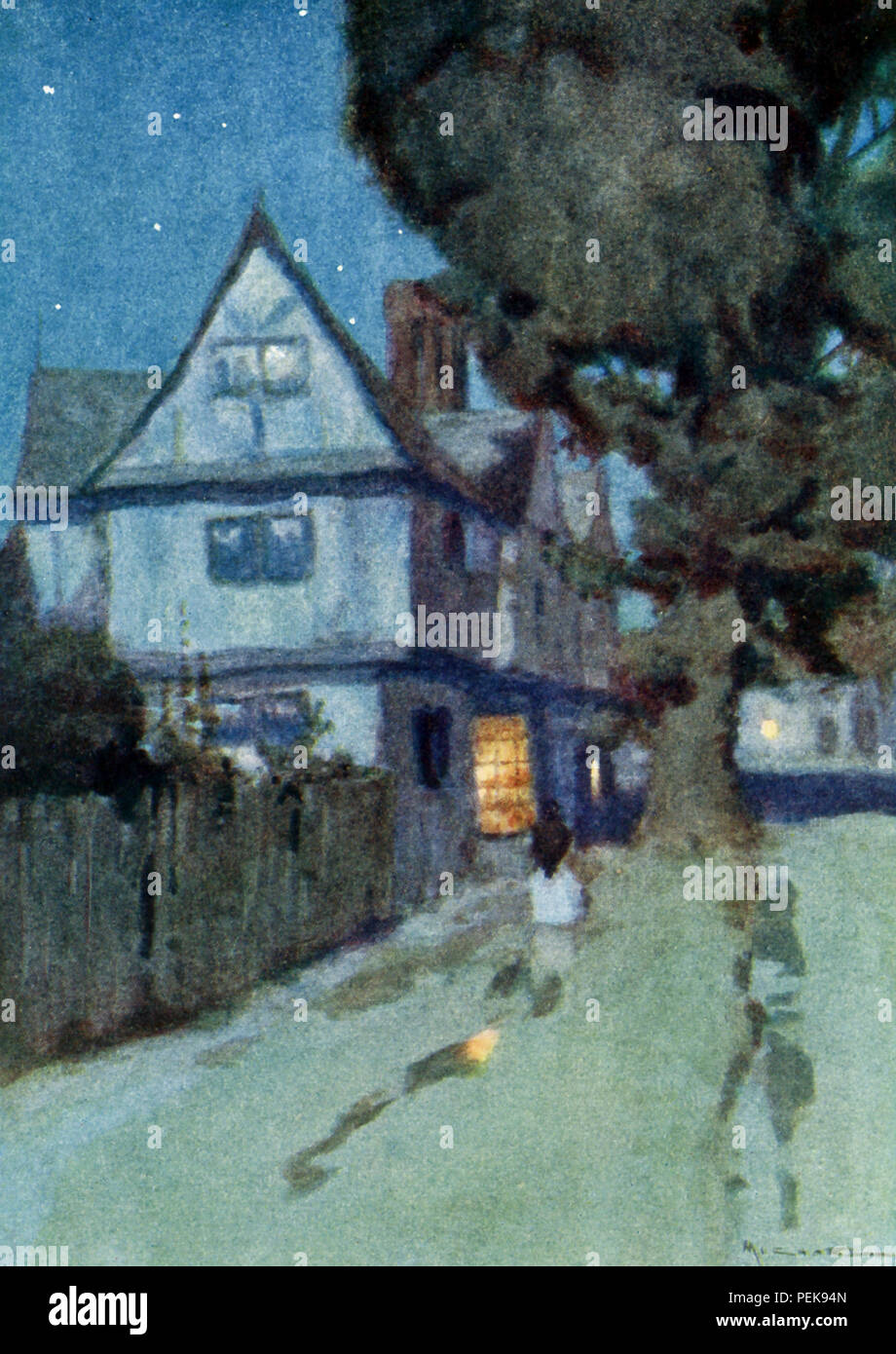 Diese Abbildung stammt aus der frühen 1900er Jahre und zeigt das Haus der sieben Giebel in Salem, Massachusetts. Die Bildunterschrift lautet: eine rostige Holzhaus, mit sieben akut - Höhepunkt Giebel, in Richtung der verschiedenen Himmelsrichtungen ... und einem ELM-Baum der breiten Umfang, vor der Tür verwurzelt. Nathaniel Hawthorne (1804-1864) war ein US-amerikanischer Schriftsteller und Short story writer. Sein Wonder-Book und Tanglewood Tales sind die Kinder Klassiker. Er schrieb auch die Scarlet Letter, Blithedale Romance, das Haus der sieben Giebel, der Marble Faun. Mit seiner großartigen Schaffung von dunkel-hued Atmosphäre, seine Symbolik, eine Stockfoto