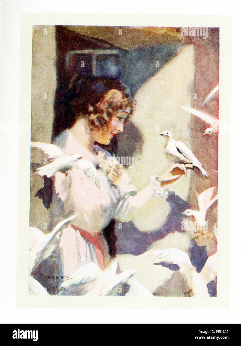 Diese Abbildung stammt aus der frühen 1900er Jahre und zeigt Hilda mit Tauben, die Geschichte von Hilda ist Gefunden in Nathaniel Hawthorne's Marble Faun, auch als die Romantik der Monte Beni bekannt. Die Bildunterschrift lautet: Sie wurde bald vertraut mit den fairhaired Sächsische Mädchen, als wenn Sie eine geborene Schwester wurden von ihrer Brut. - Transformation. Nathaniel Hawthorne (1804-1864) war ein US-amerikanischer Schriftsteller und Short story writer. Sein Wonder-Book und Tanglewood Tales sind die Kinder Klassiker. Er schrieb auch die Scarlet Letter, Blithedale Romance, das Haus der sieben Giebel, der Marble Faun. Mit seiner großartigen Schaffung von dunkel-hued Ein Stockfoto