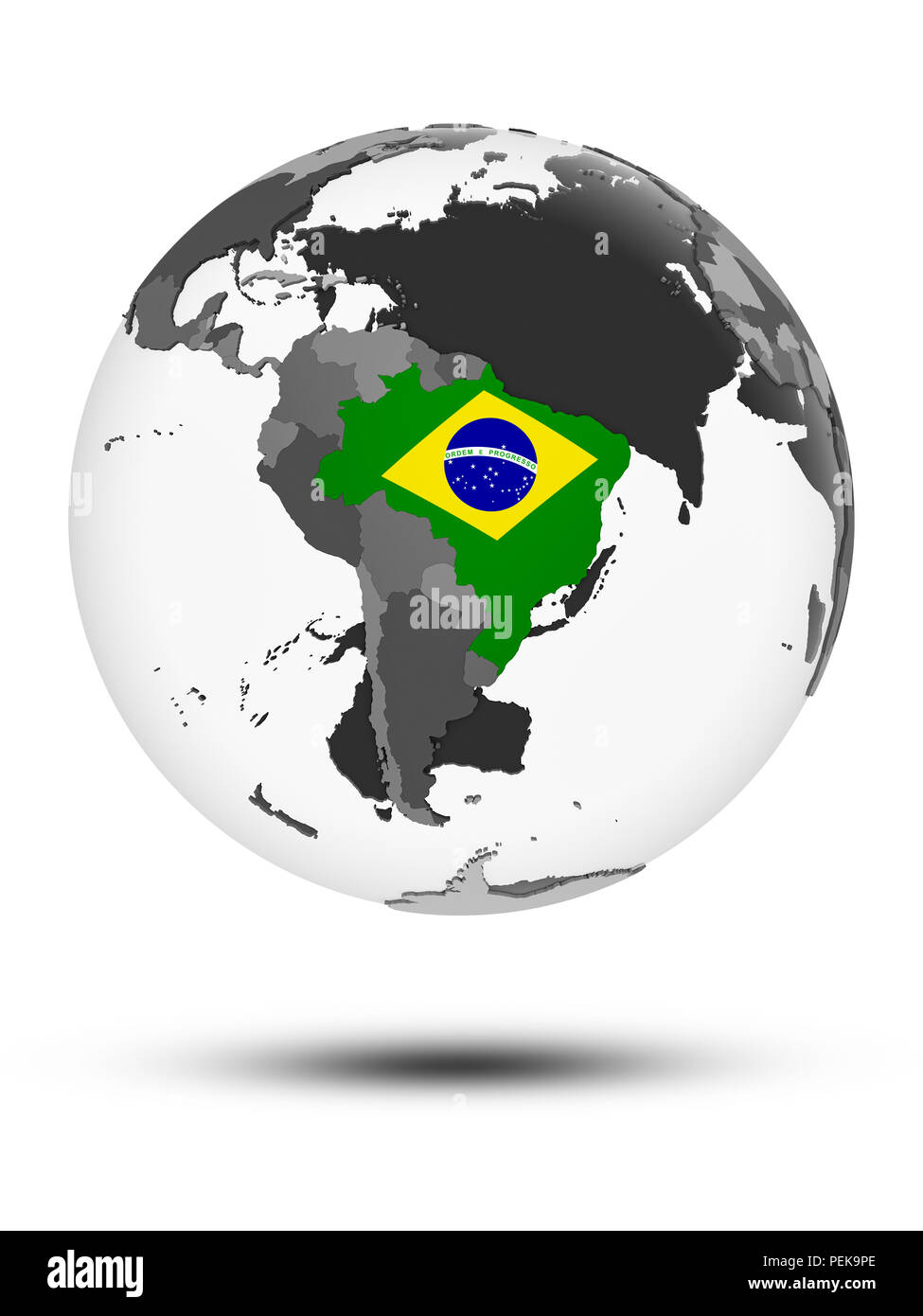 Brasilien mit Flagge auf Globus mit Schatten auf weißem Hintergrund. 3D-Darstellung. Stockfoto