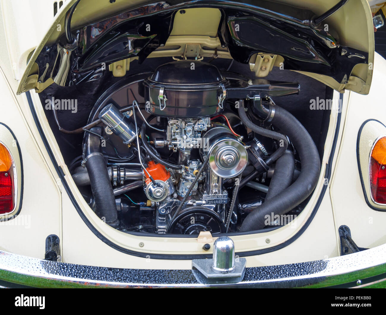 Makellos sauber Motorraum eines traditionellen 4-Zylinder luftgekühlten Volkswagen Auto Stockfoto