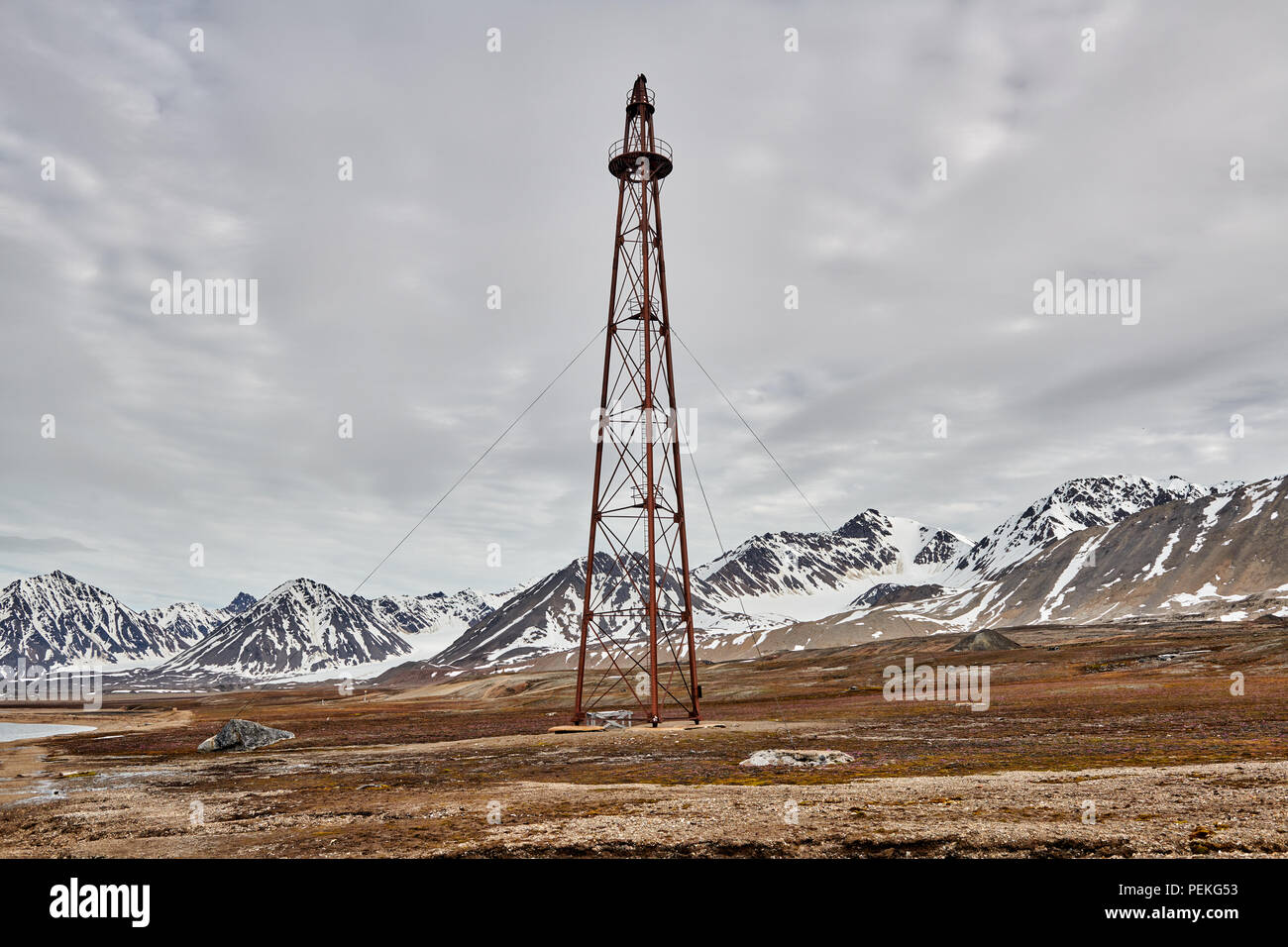 Mooring Mast von Amundsen Nordpolexpedition, der nördlichsten Zivilen und funktionale Siedlung Ny-Ålesund, Spitzbergen oder Spitzbergen, Europa Stockfoto