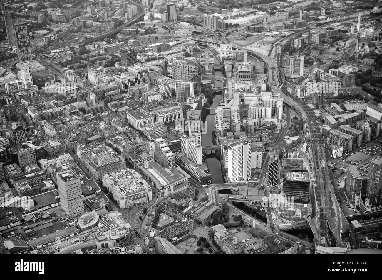 Manchester City Centre schwarz und weiß Luftaufnahme Stockfoto