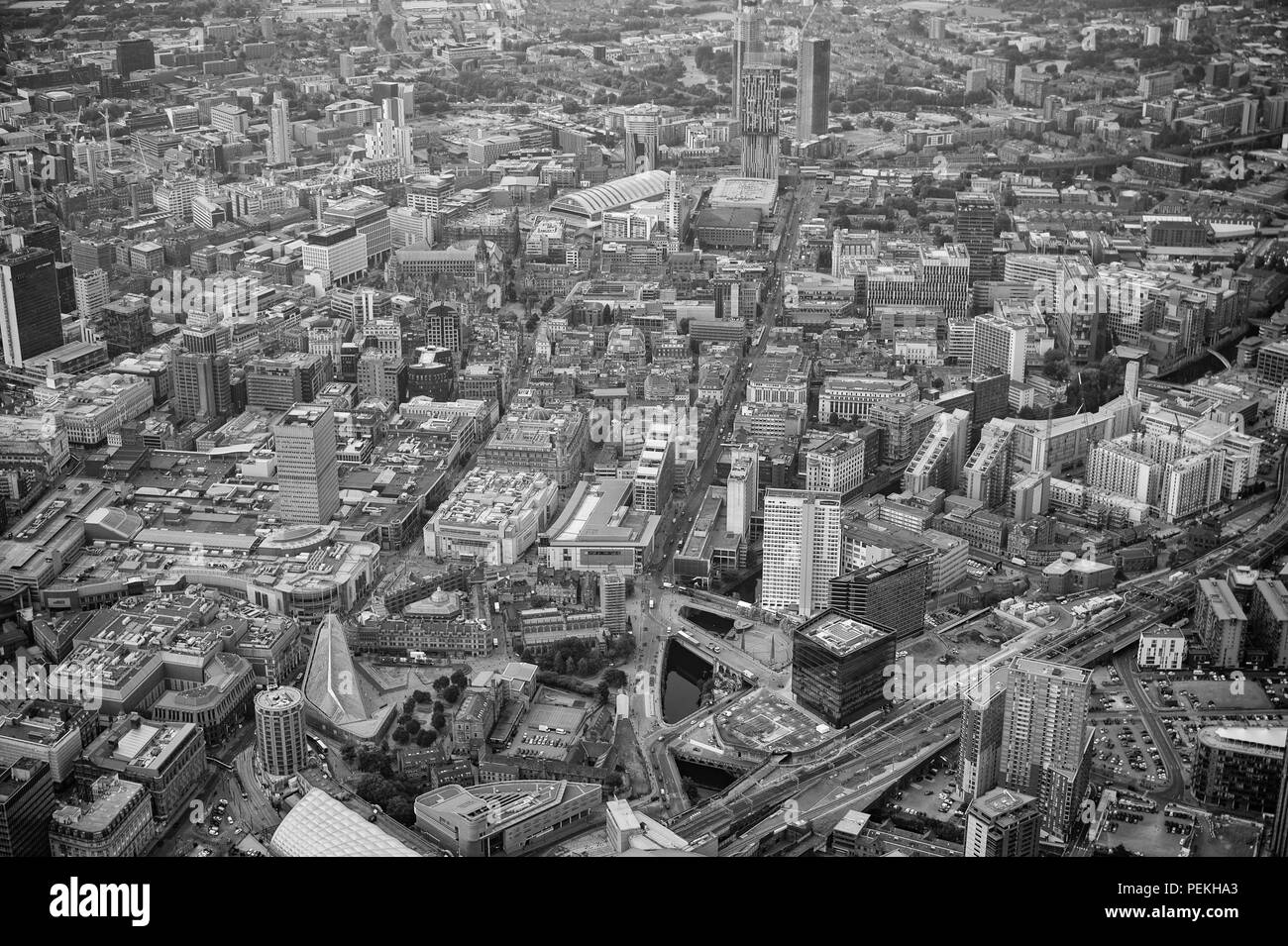 Manchester City Centre schwarz und weiß Luftaufnahme Stockfoto