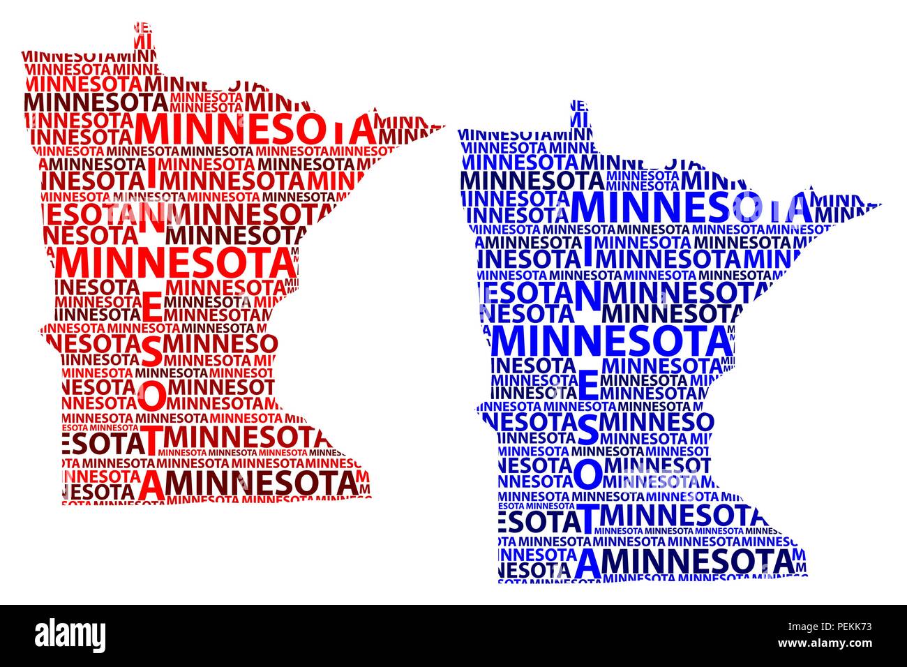 Skizze Minnesota (Vereinigte Staaten von Amerika) schreiben Text Karte, Minnesota Karte - in der Form des Kontinents, Karte Minnesota - Rot und Blau vector illust Stock Vektor