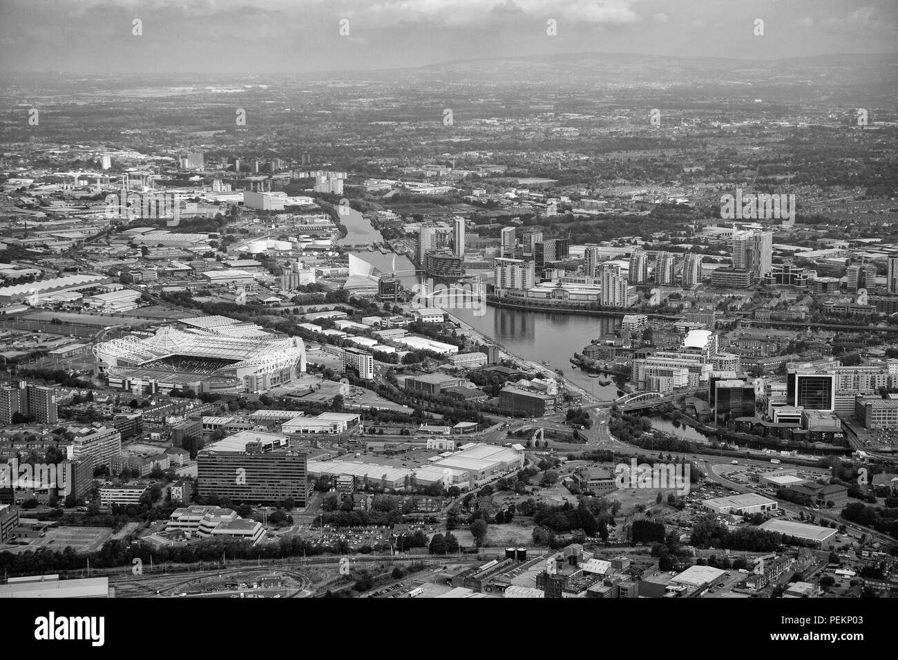 Manchester City Centre schwarz und weiß Luftaufnahme Stockfoto