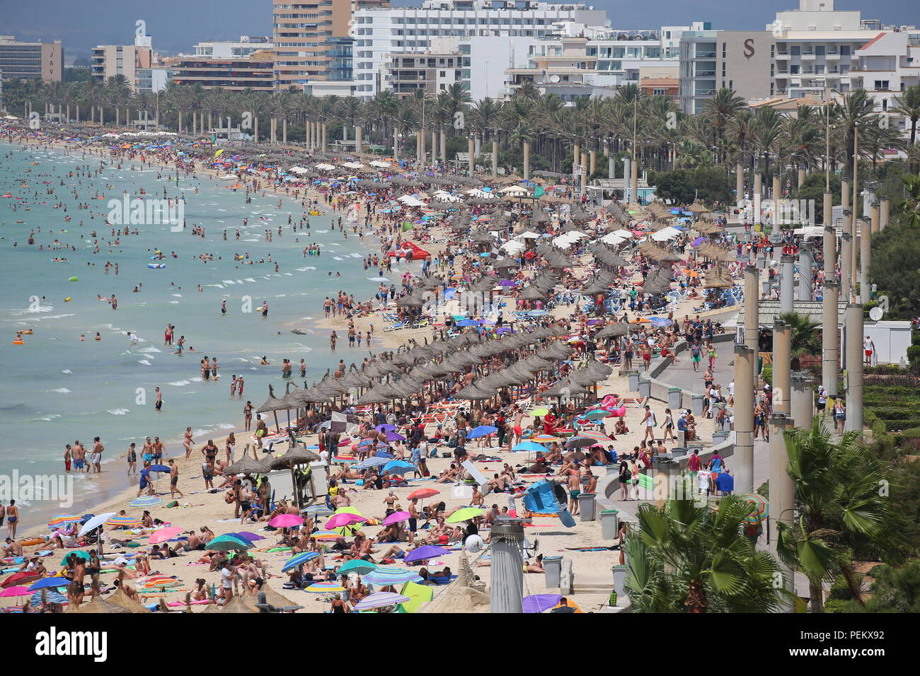 Allgemeine Ansicht über das touristische Strand von El Arenal auf der spanischen Insel Mallorca. Stockfoto