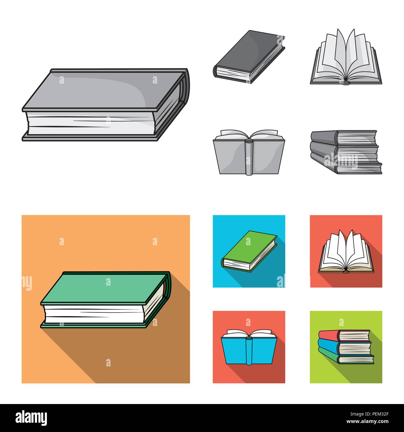 Verschiedene Arten von Büchern. Bücher Sammlung Icons in Schwarzweiß, flacher Stil vektor Symbol lieferbar Abbildung. Stock Vektor