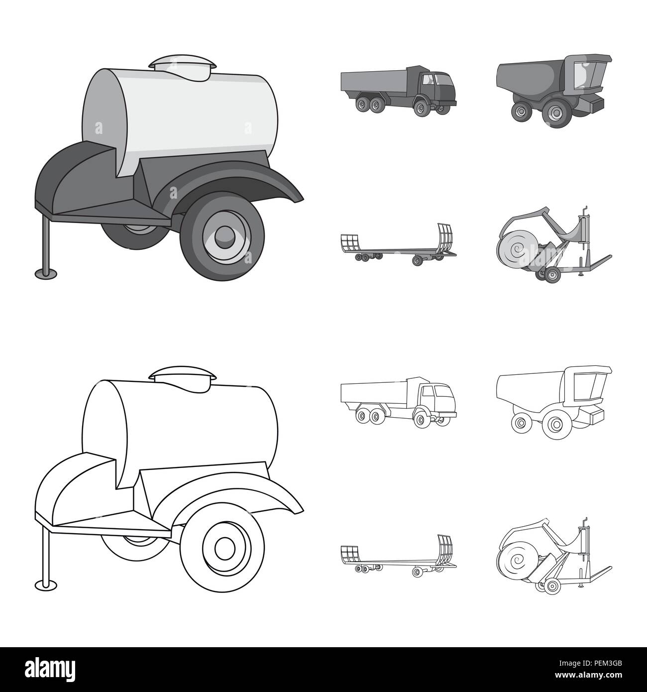 Anhänger mit einem Faß, Lkw und andere landwirtschaftliche Geräte. Landmaschinen Sammlung Icons in Grenzen gesetzt, Schwarzweiß-Stil Vektor symbol Sto Stock Vektor