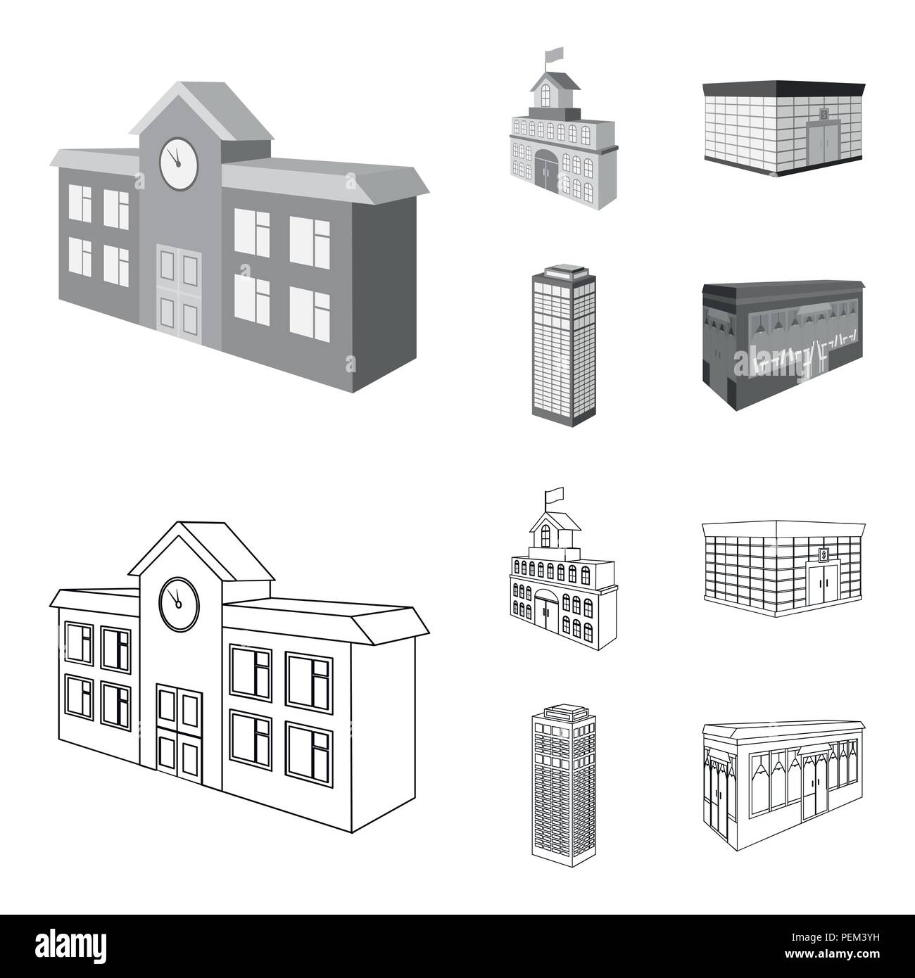 Bank office, Wolkenkratzer, Rathaus Gebäude, Hochschule Gebäude. Architektur und Struktur Sammlung Symbole in der Gliederungsansicht, Schwarzweiß-Stil Vektor sym Stock Vektor