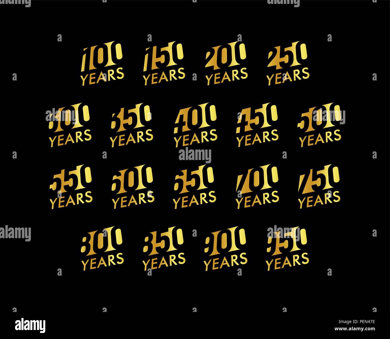 Jahrestag Vektor kursive Ziffern festgelegt. Geburtstag logo Sammlung. Goldene Jahre Zeichen auf schwarzem Hintergrund. Jubiläum illustration Design. Stock Vektor