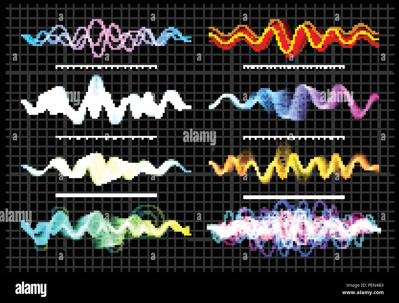 Equalizer Vector Illustration. Abstrakte Welle Symbol für Musik und Sound. Pulsation Farbe wellenförmige Bewegung Linien auf schwarzem Hintergrund. Radio Frequency Graph. Grafik digital Voice. Boersenkurs Linie. Stock Vektor
