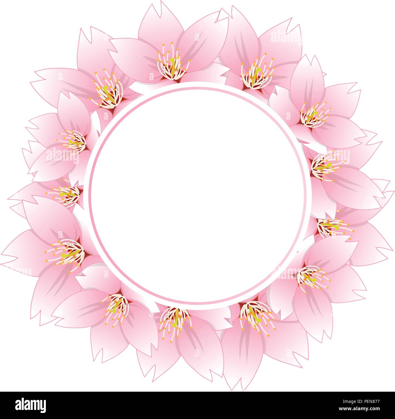 Prunus serrulata - Cherry Blossom, Sakura Banner Kranz isoliert auf weißem Hintergrund. Vector Illustration. Stock Vektor