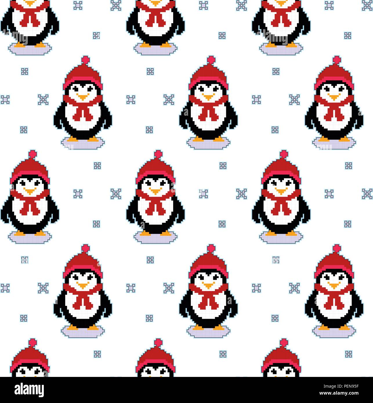 Vektor nahtlose Muster Textur mit Pixel-art Pinguine und Schneeflocken. Winterurlaub Cute Vector Pinguine. Stock Vektor