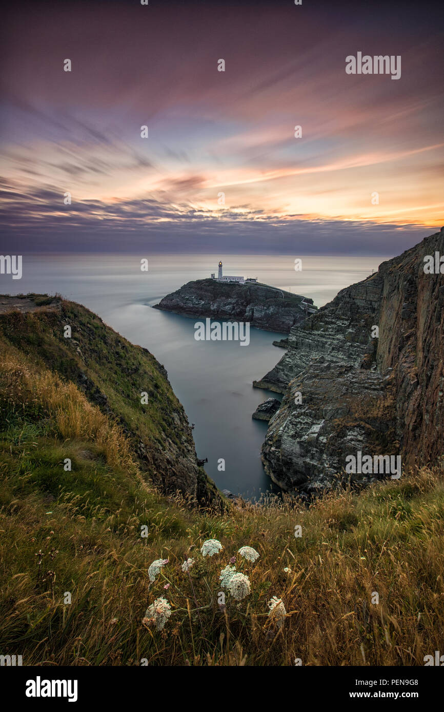 South Stack Leuchtturm bei Sonnenuntergang in der Nähe von Holyhead, Anglesey Stockfoto