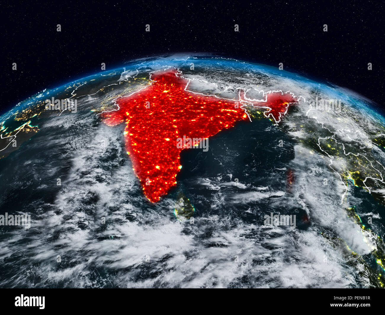 Indien aus dem Weltraum in der Nacht auf der Erde mit sichtbaren Grenzen. 3D-Darstellung. Elemente dieses Bild von der NASA eingerichtet. Stockfoto
