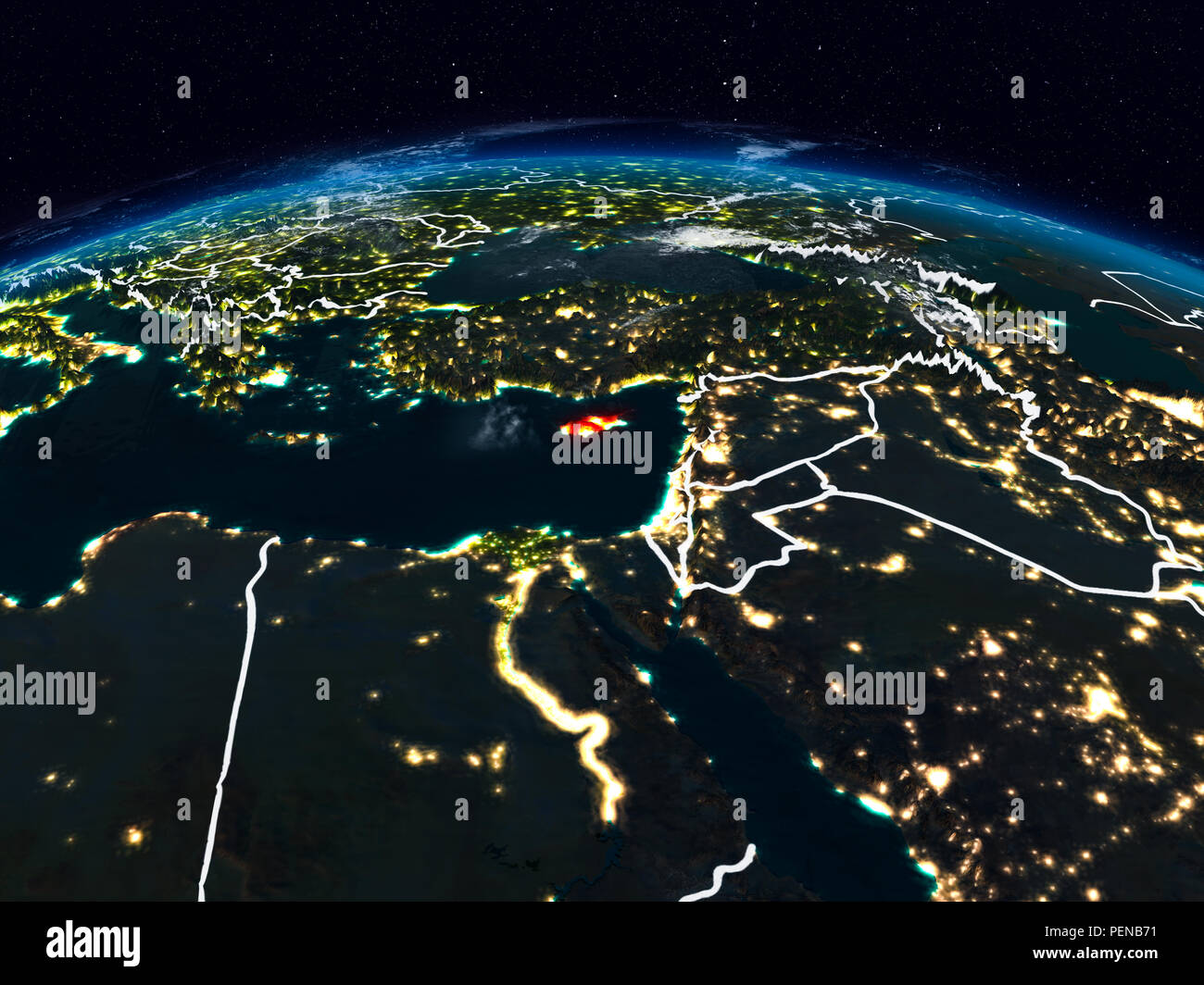 Zypern aus dem Weltraum in der Nacht auf der Erde mit sichtbaren Grenzen. 3D-Darstellung. Elemente dieses Bild von der NASA eingerichtet. Stockfoto