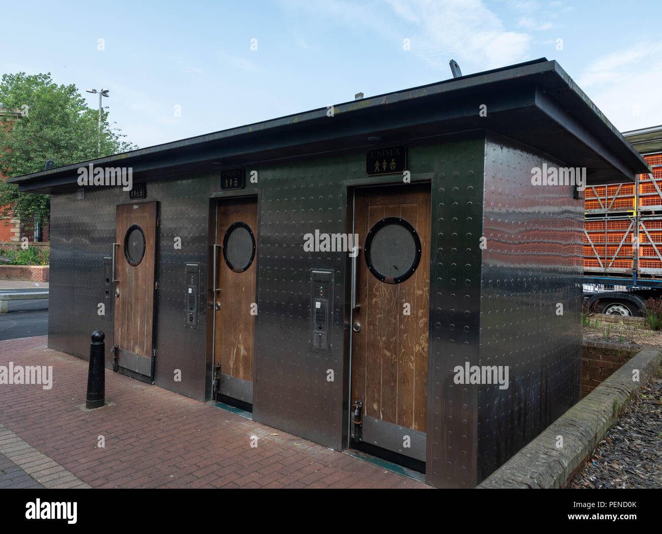 Eine öffentliche Toilette im Zentrum der Stadt Preston, Lancashire, Juni 2018 Stockfoto
