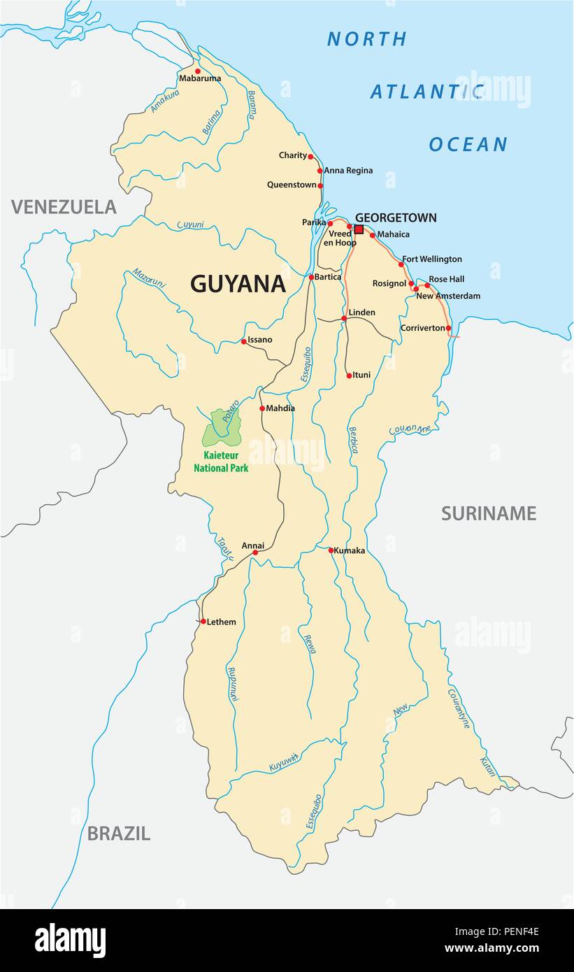 Republik Guyana Straße Vektorkarte. Stock Vektor