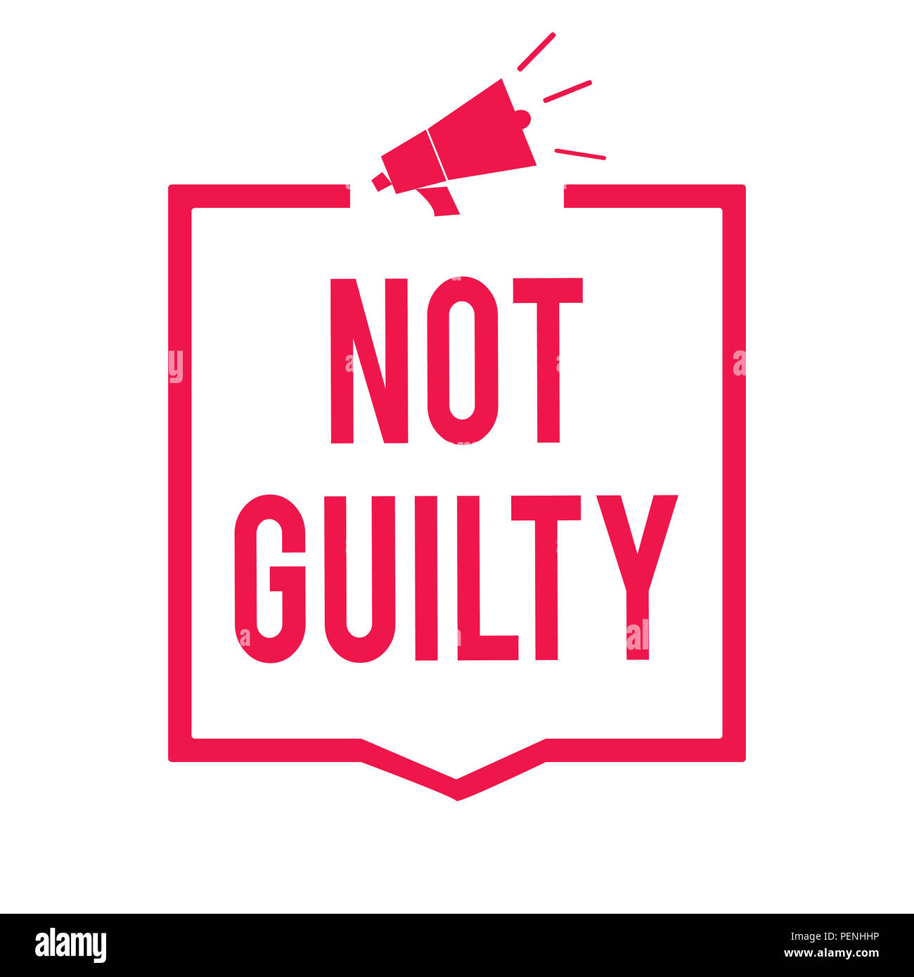 Wort schreiben Text nicht schuldig. Business Konzept für jemand unschuldig ist, nicht spezifische Verbrechen er frei Megaphon Lautsprecher roten Rahmen communicati Stockfoto