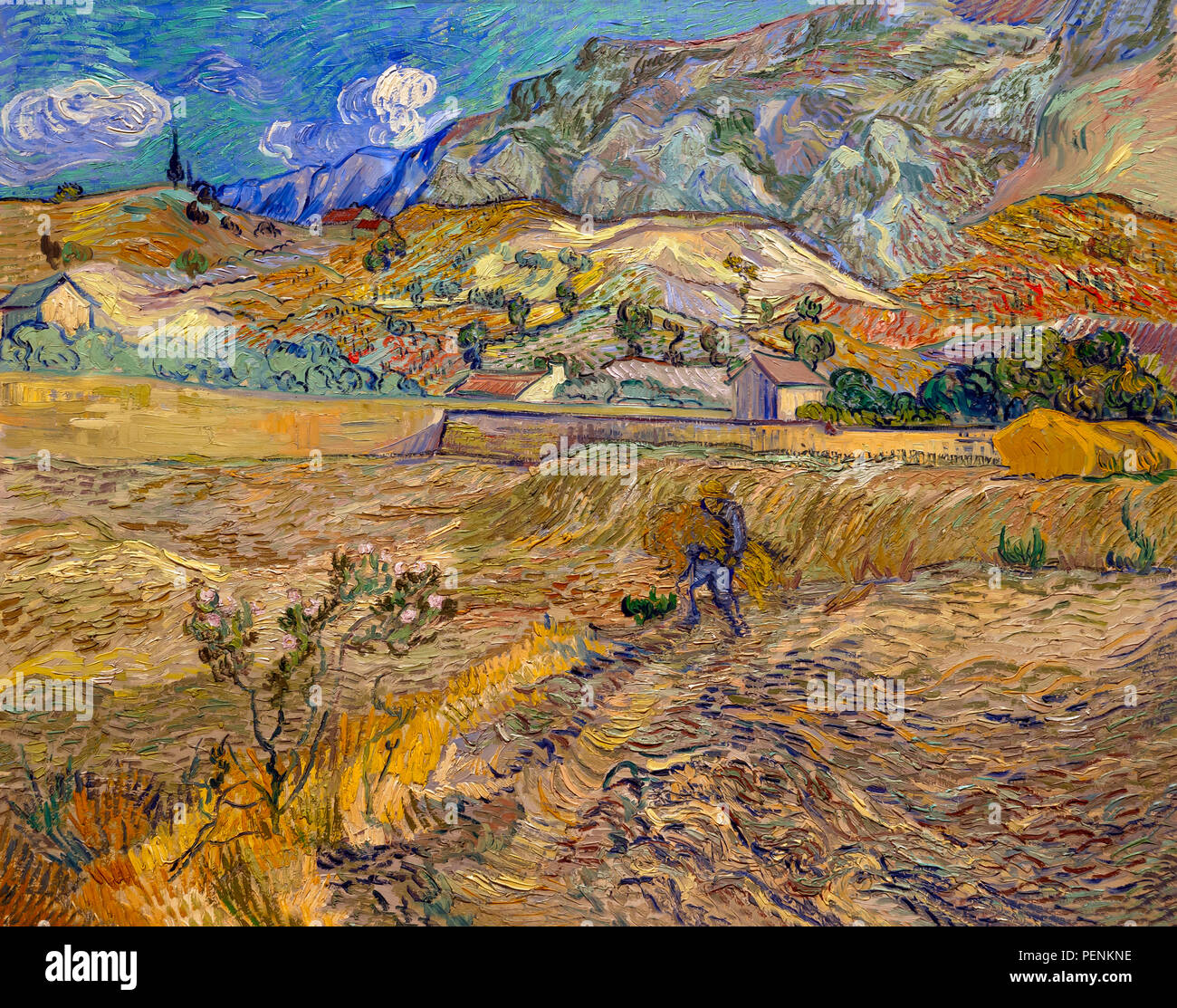 Landschaft in Saint-Remy, geschlossenen Bereich mit Bauer, Vincent van Gogh, 1889, Indianapolis Museum of Art, Indianapolis, Indiana, USA, Nordamerika Stockfoto