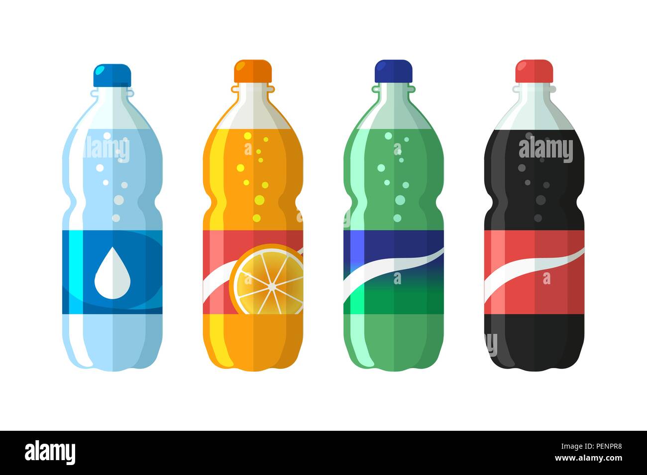 Set aus Kunststoff Flasche Wasser und süsse Limonade Cola, Sprite, Fantasy orange Soda. Flache Vektor soda Symbole Abbildung Stock Vektor