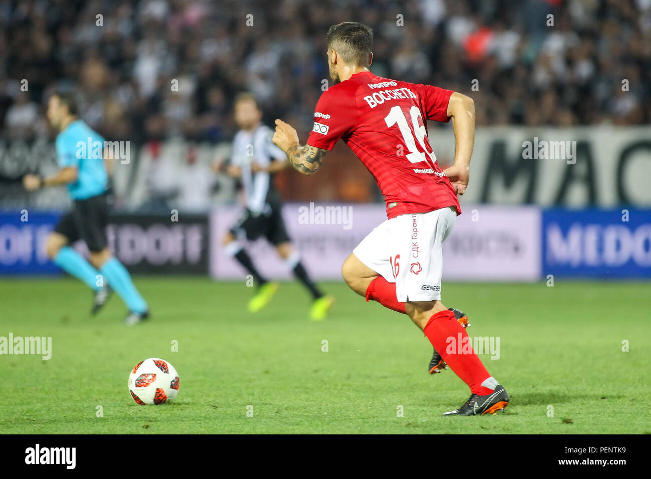 Thessaloniki, Griechenland - August 8, 2018: die Spieler von Spartak Salvatore Bocchetti in Aktion während der UEFA Champions League dritte Qualifikationsrunde zwisch Stockfoto