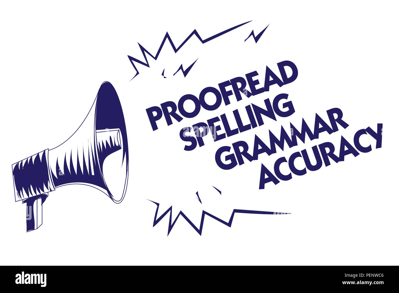Schreiben Hinweis angezeigt Korrektur Rechtschreibung Grammatik Genauigkeit. Business foto Präsentation grammatisch korrekt Fehler vermeiden, die Blauen Megaphon Lautsprecher im Stockfoto