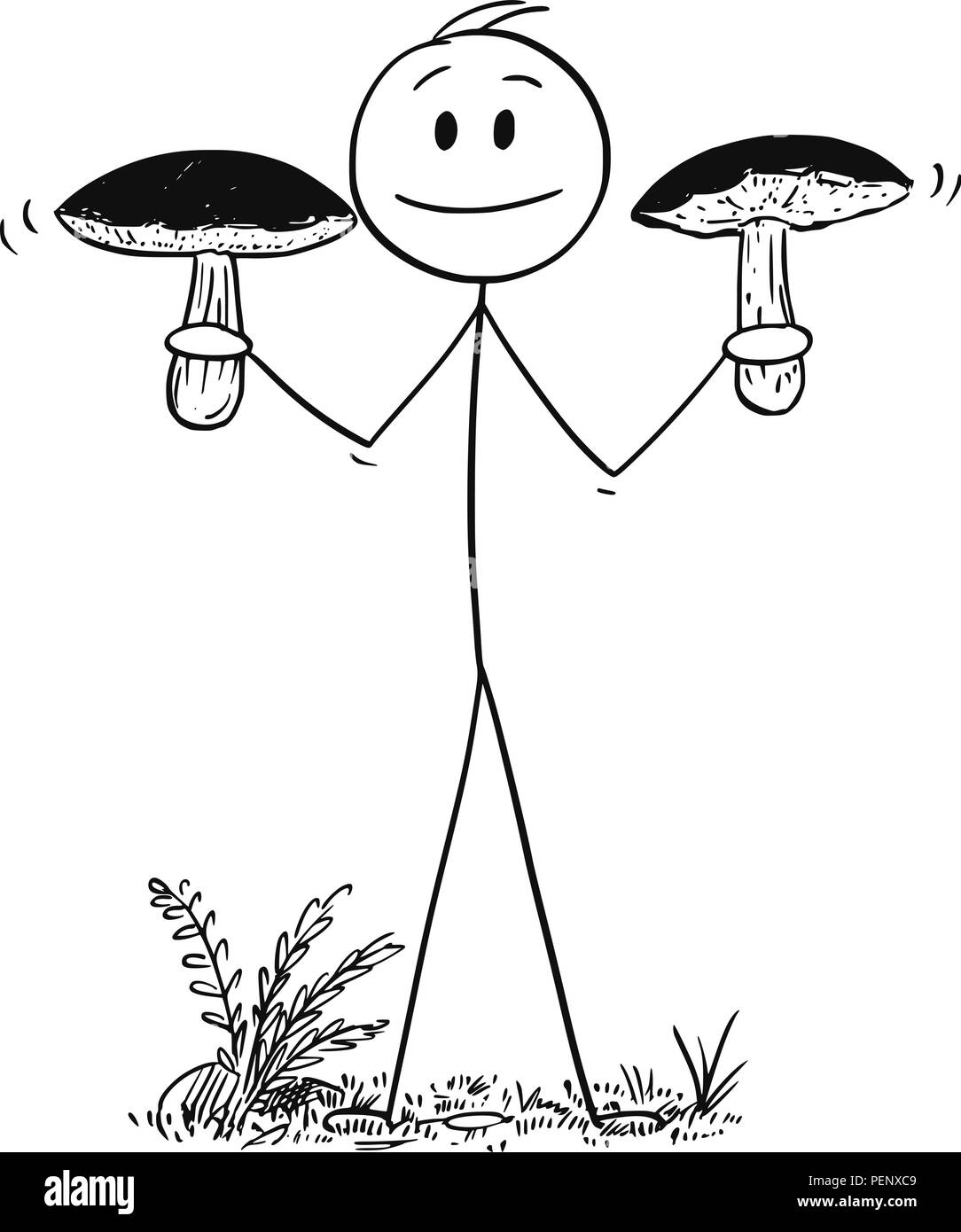 Cartoon von Mann mit zwei großen Essbar Steinpilzen Stock Vektor