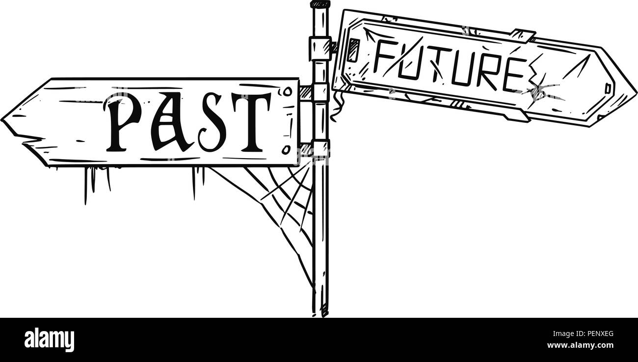 Vektor Künstlerische Zeichnung Abbildung des Verkehrs Pfeil mit Vergangenheit und Zukunft Text Stock Vektor