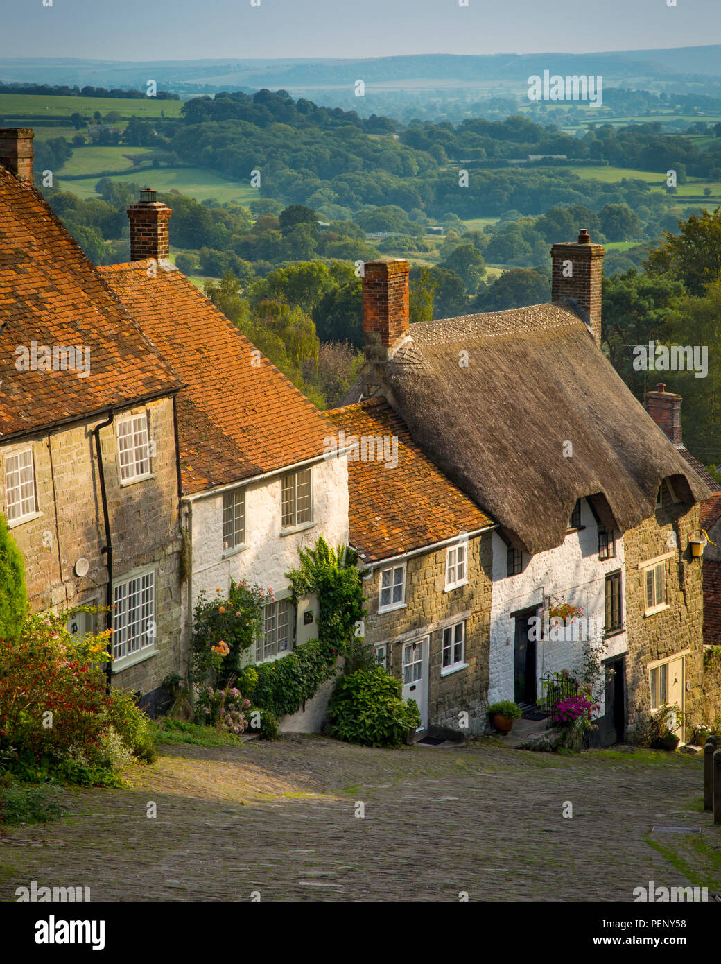 Abend am Gold Hill in Shaftesbury, Dorset, England Stockfoto