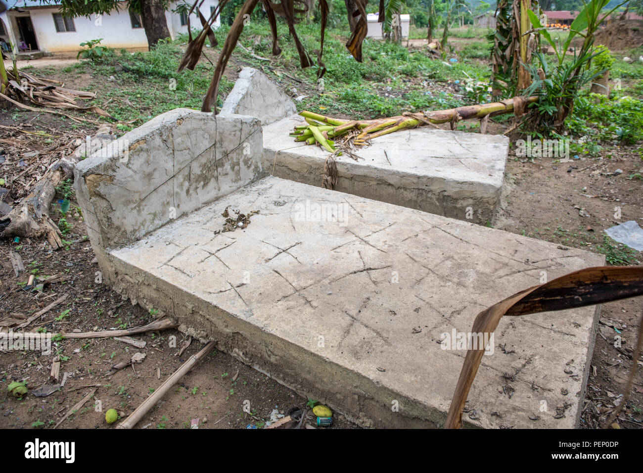 Zwei große Steine sitzen in Staub und Pflanzen in Ganta, Liberia abgedeckt Stockfoto