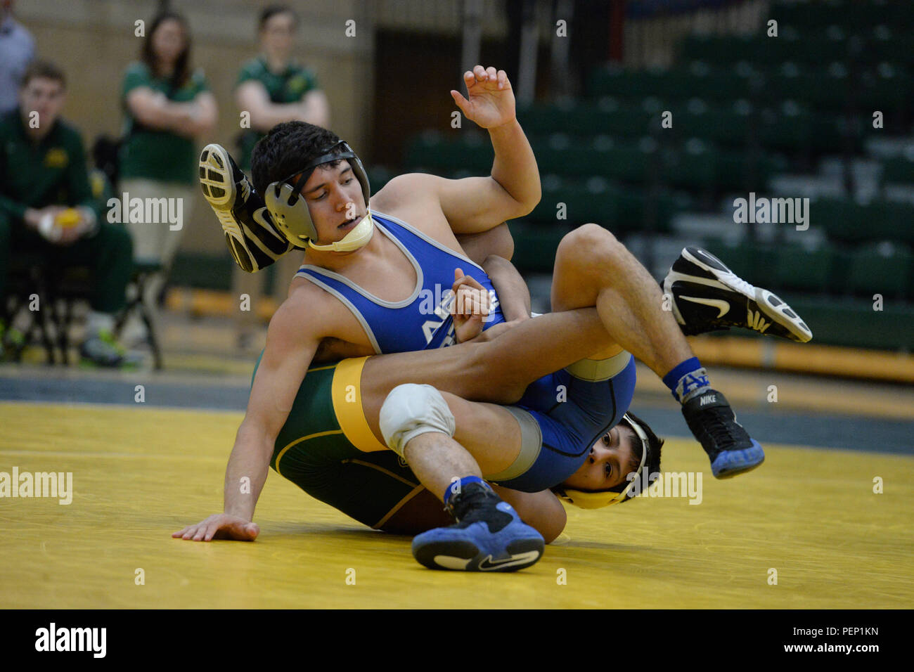 Ein Kadett der U.S. Air Force Academy trat am 22. Januar 2016 gegen einen Wrestler der North Dakota State University im 133 Pfund schweren Big 12 Conference Match im Bentson Bunker Fieldhouse in Fargo, North Dakota, an. Der Kadett sicherte sich einen Sieg von 8-3 und sorgte dafür, dass die Falcons von der Mannschaft Punkten konnten. Die Bison gewann die Gesamtpunktzahl der Mannschaft. Das Spiel demonstrierte Technik, Sportlichkeit, Strategie und die Einhaltung der Ringerregeln in einem sportlichen Umfeld, das militärisch mit Colleges verbunden ist. Stockfoto