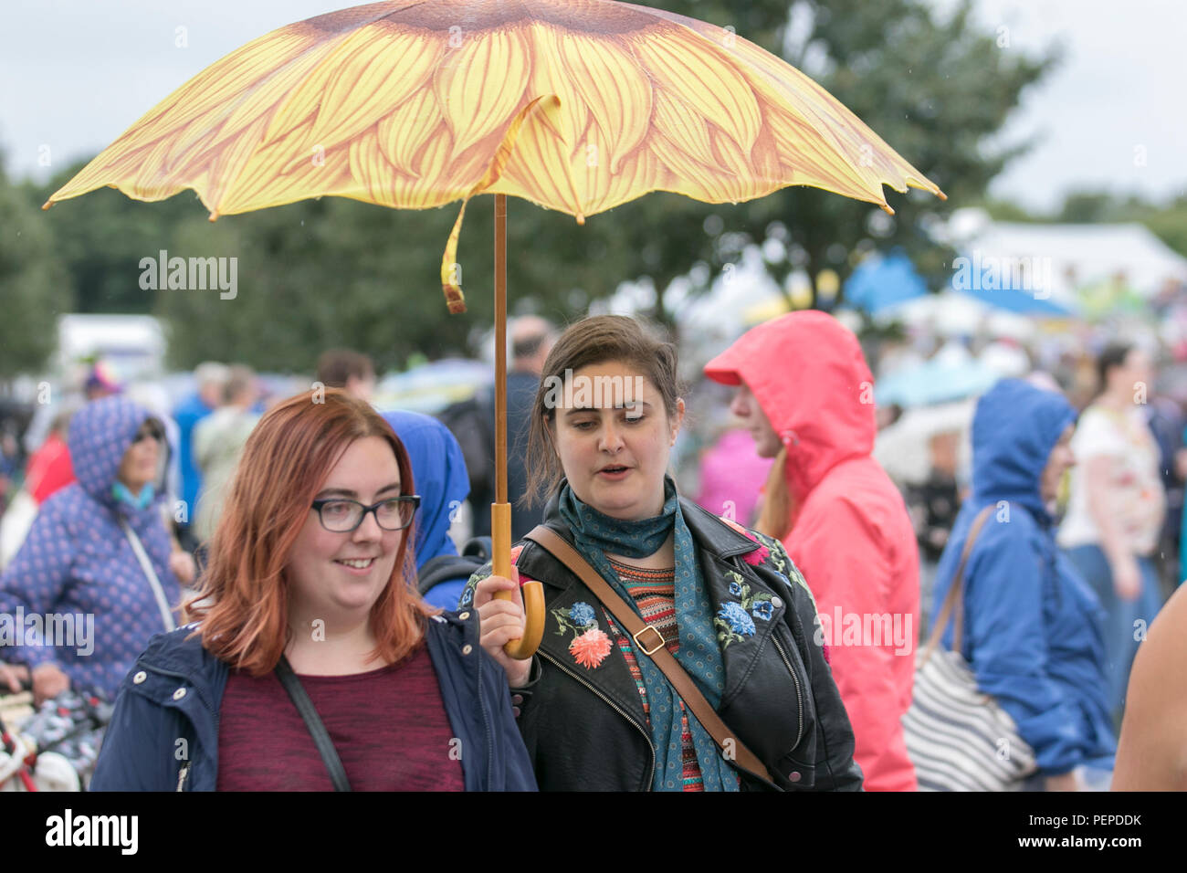 Southport, Merseyside, UK. 17 Aug, 2018. Regen & Duschen auf Teilnehmer an Southport Flower Show als Entertainer, Aussteller, Garten Designer, und floralen Künstler wow die Besucher zu diesem berühmten jährlichen Veranstaltung. Kredit; MediaWorldImages/AlamyLiveNews Stockfoto