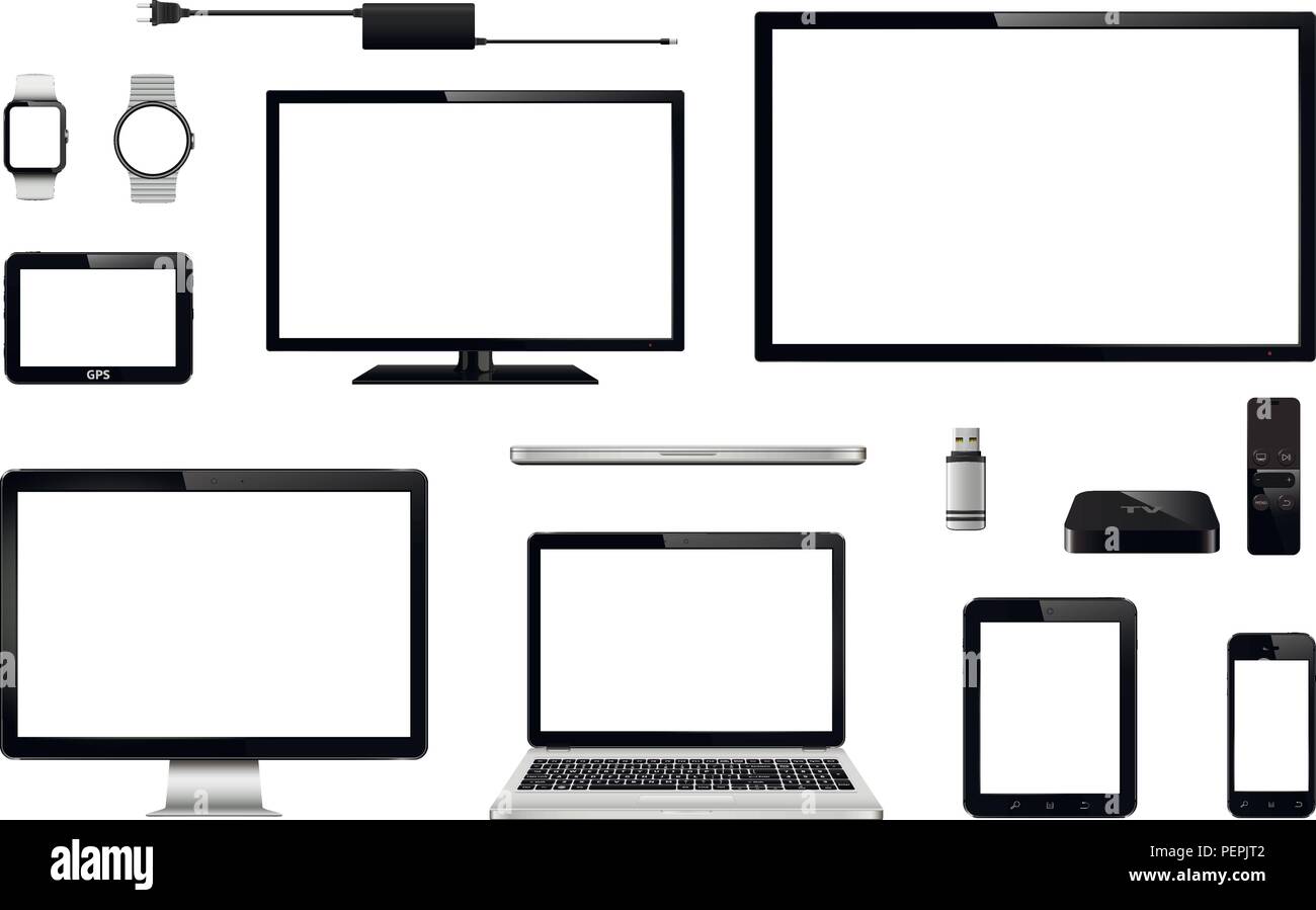 Festlegen von realistischen TV, Computer, Laptops, Tablet-PC, Handy, smart Watch, USB-Laufwerk, TV-Empfänger, GPS-Navigationssystem von Gerät und Stock Vektor